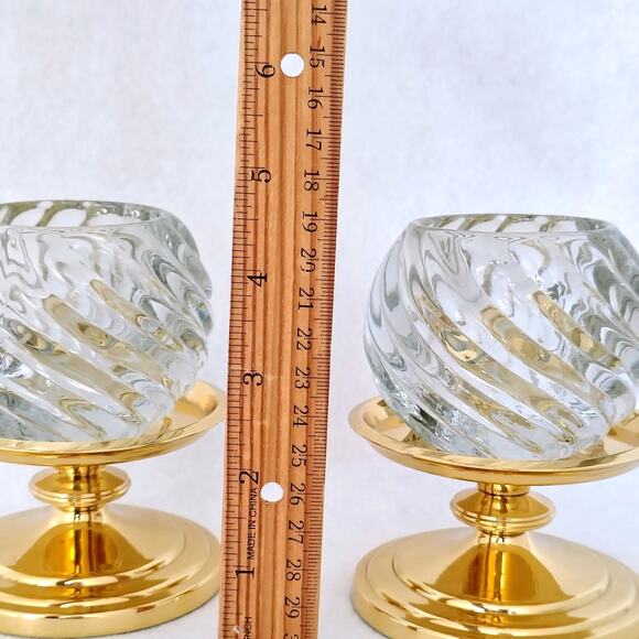 Partylite Swirl Votive Tea Light Glass Candle Holder Brass Pedestal Pair Set of2 - Picture 4 of 7